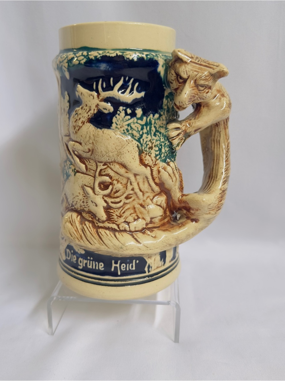 Vtg Fox Handle Hunting Scene Beer Stein Authentic Heidelberg German Deer Animals